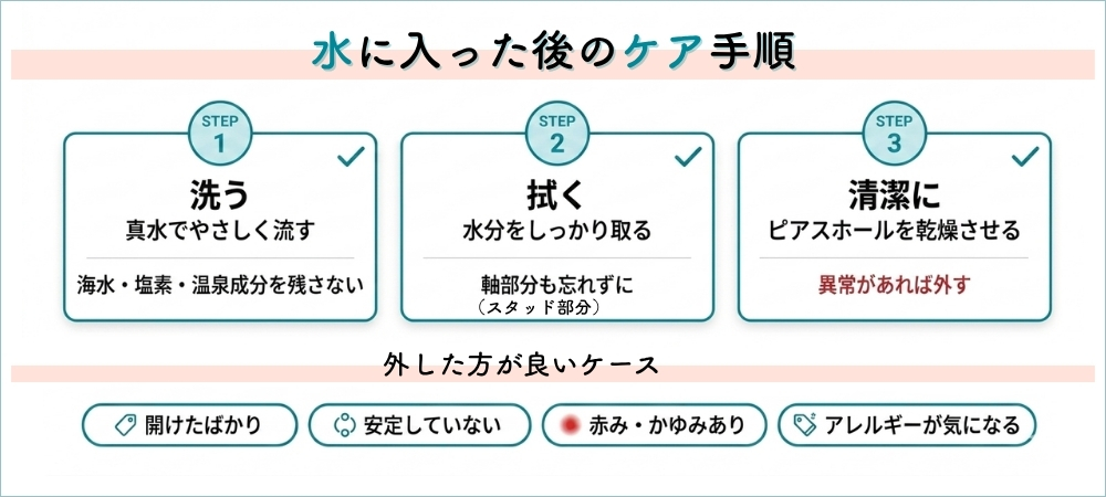 水に入った後のケア手順とピアスを外した方が良いケース